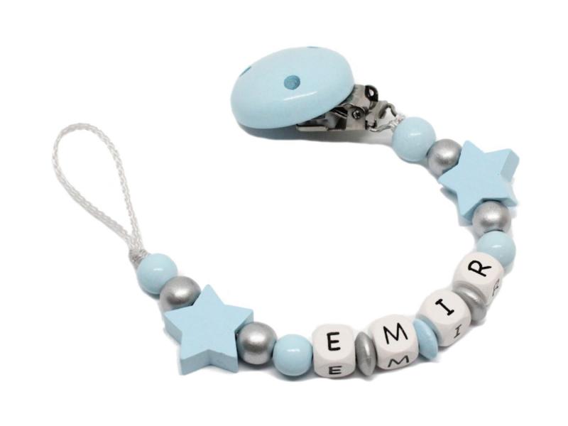Schnullerkette mit Namen Sterne hellblau/silber