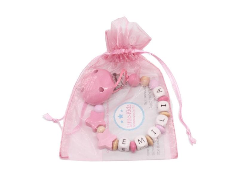 Schnullerkette mit Namen Sterne rosa - Verpackung