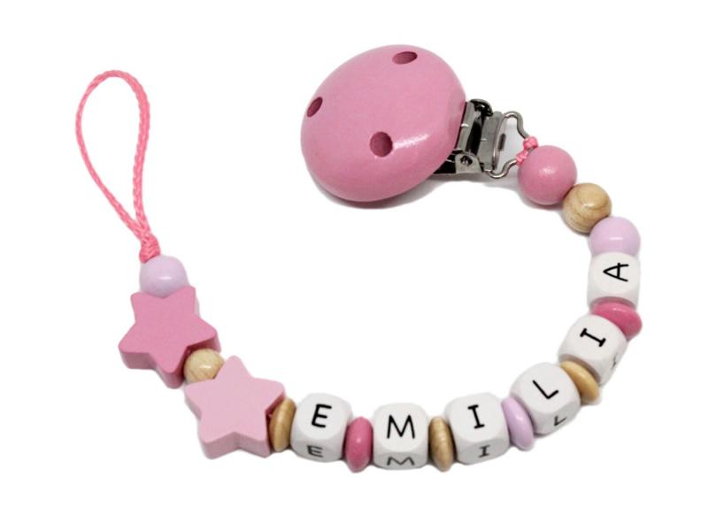 Schnullerkette mit Namen Sterne rosa