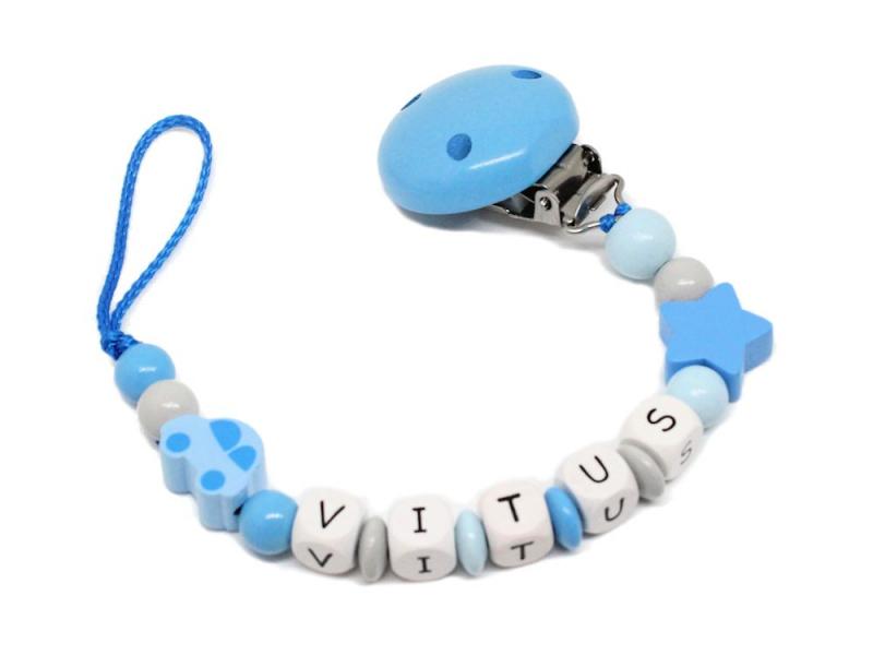 Schnullerkette mit Namen Auto + Stern mittelblau/grau