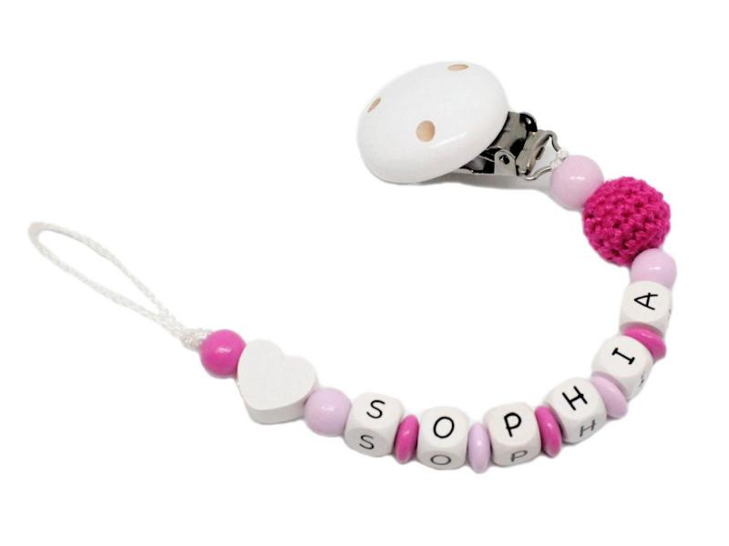 Schnullerkette mit Namen Herz + Häkelperle weiß/pink