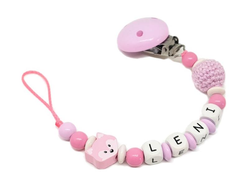 Schnullerkette mit Namen Fuchs + Häkelperle rosa