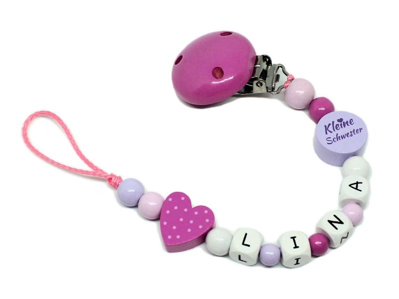 Schnullerkette mit Namen Tupfenherz + kleine Schwester pink
