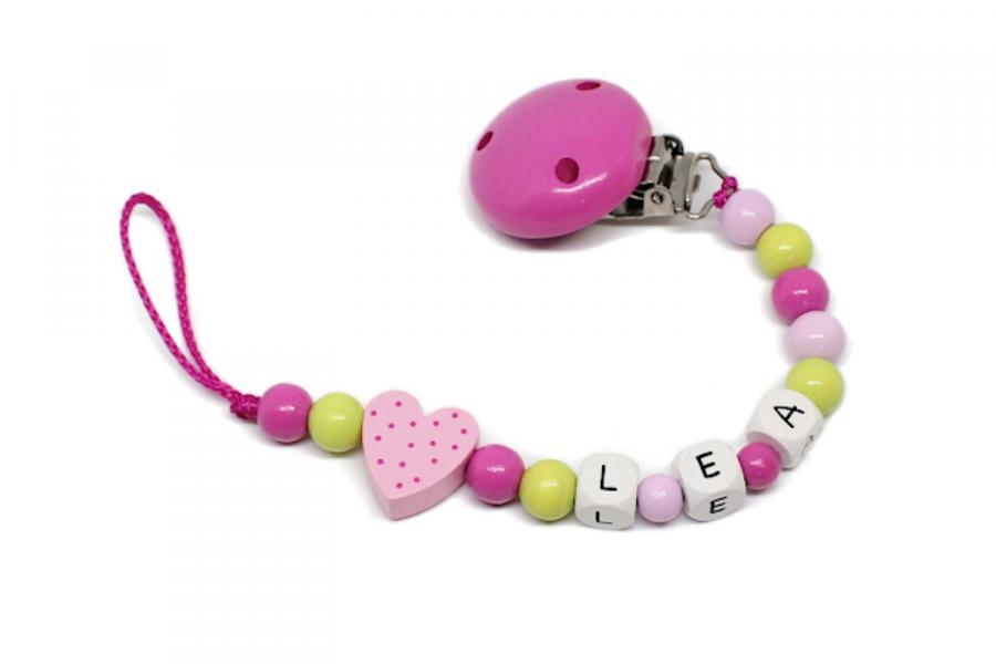 Schnullerkette mit Namen Tupfenherz rosa/pink