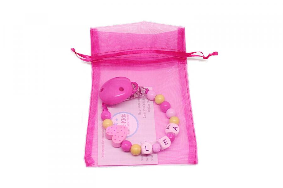 Schnullerkette mit Namen Tupfenherz rosa/pink