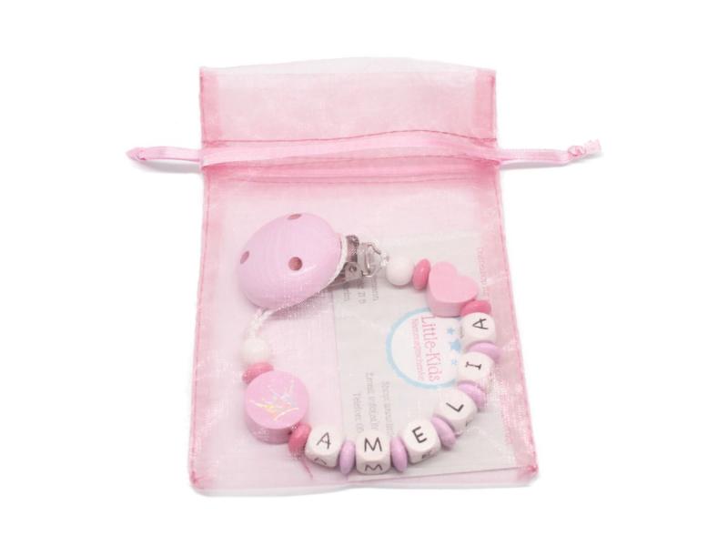 Schnullerkette mit Namen Glitzerkrone + Herz rosa
