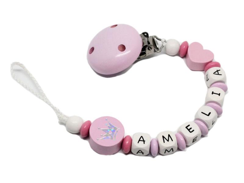 Schnullerkette mit Namen Glitzerkrone + Herz rosa
