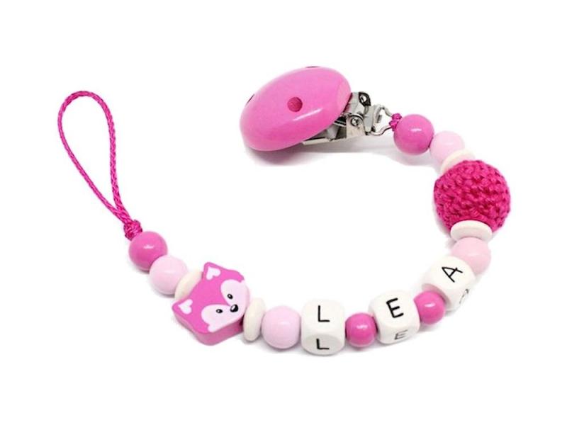 Schnullerkette mit Namen Fuchs + Häkelperle pink