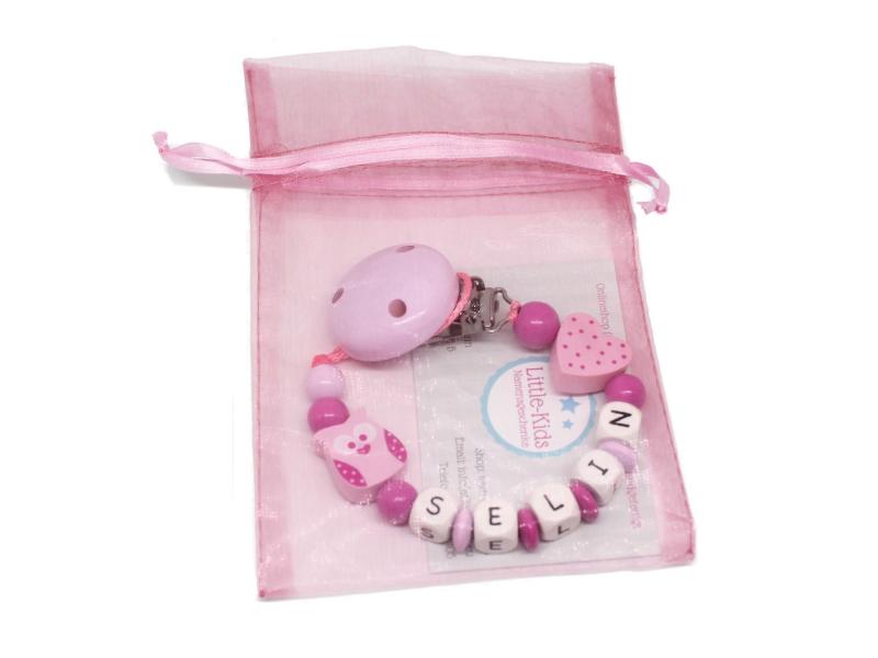 Schnullerkette mit Namen Eule + Tupfenherz rosa