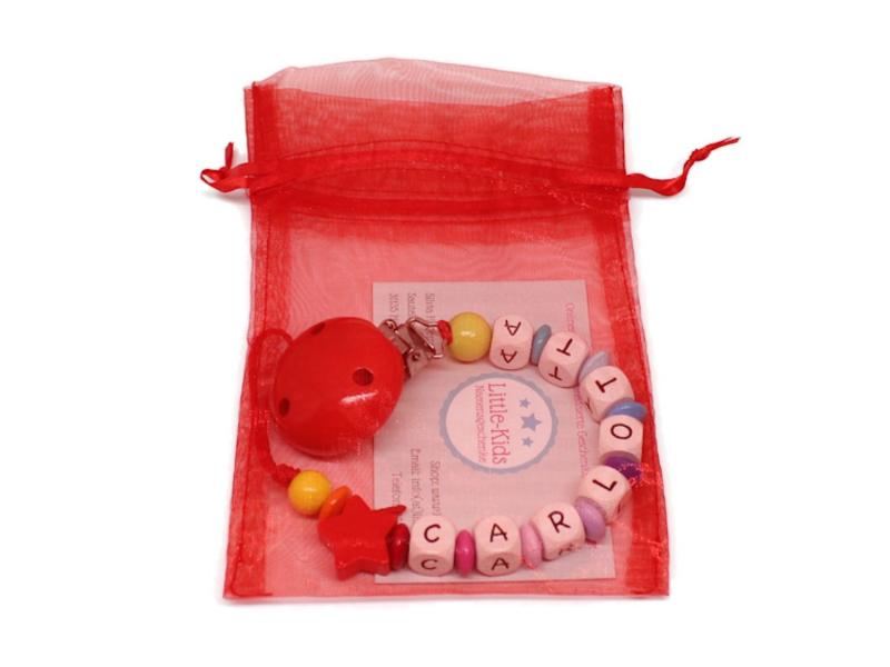 Schnullerkette mit Namen Stern rot/bunt Verpackung