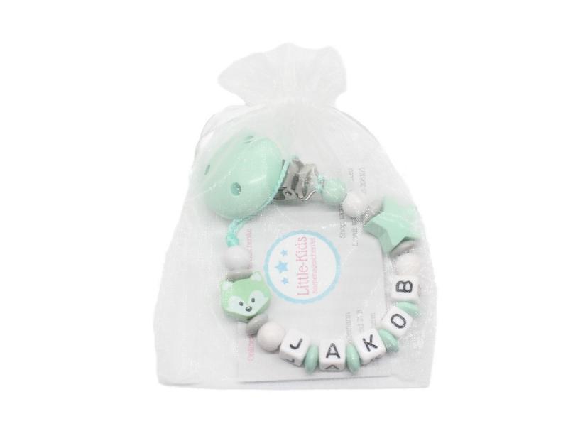 Schnullerkette mit Namen Fuchs + Stern mint
