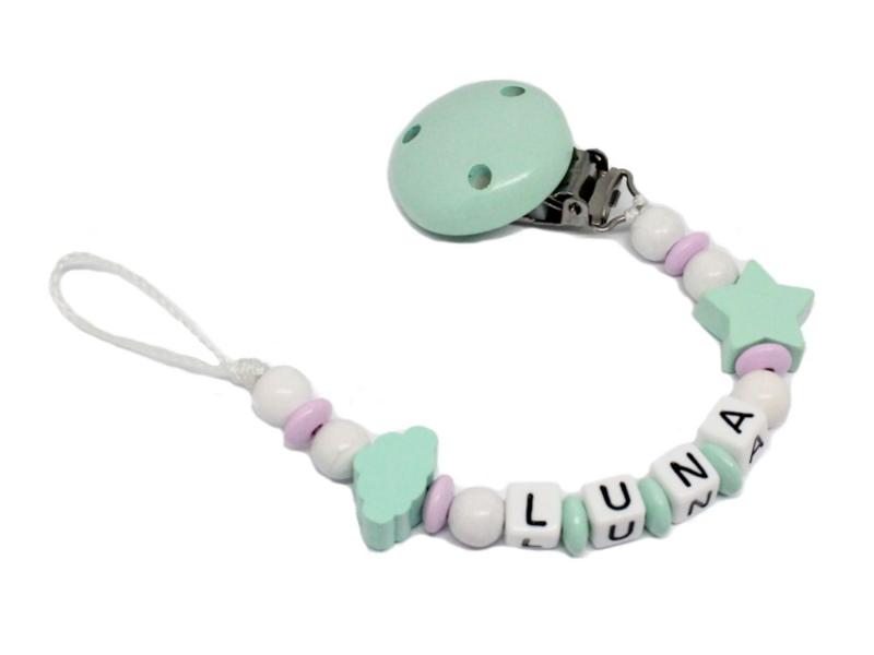 Schnullerkette mit Namen Wolke + Stern mint/rosa