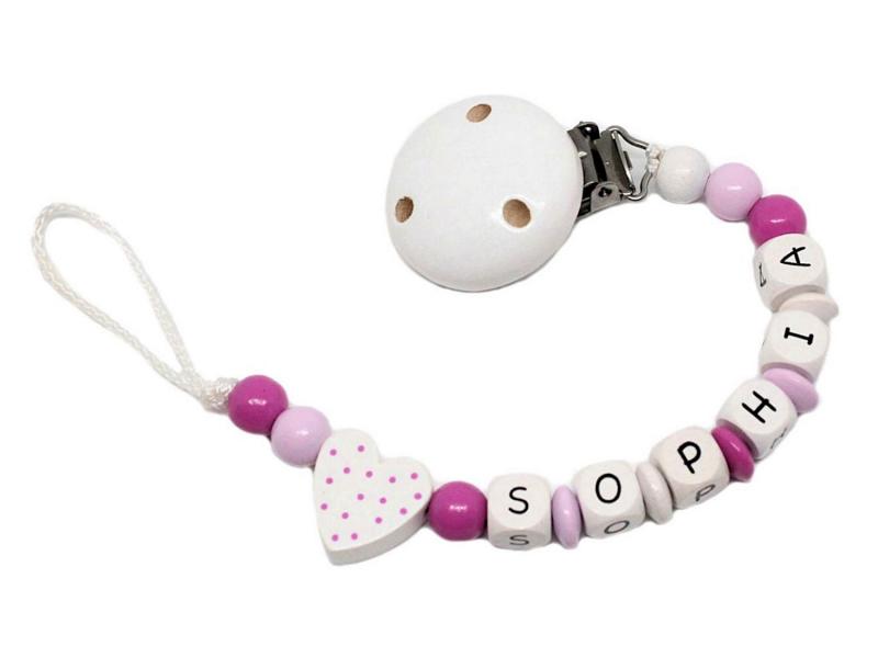 Schnullerkette mit Namen Tupfenherz weiss/pink
