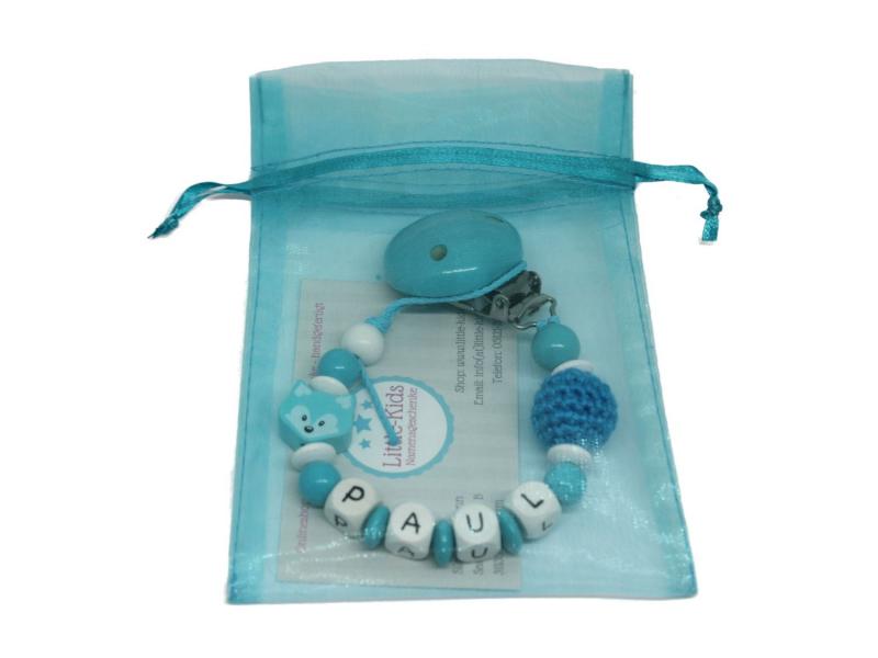 Schnullerkette mit Namen türkis Verpackung