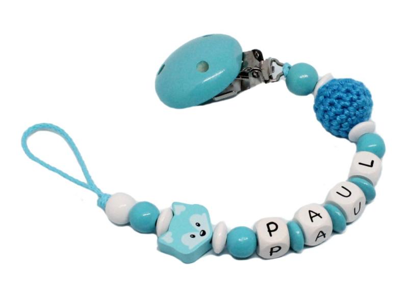 Schnullerkette mit Namen Fuchs + Häkelperle türkis