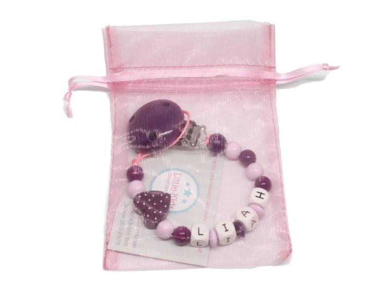 Schnullerkette mit Namen Tupfenherz violett + rosa