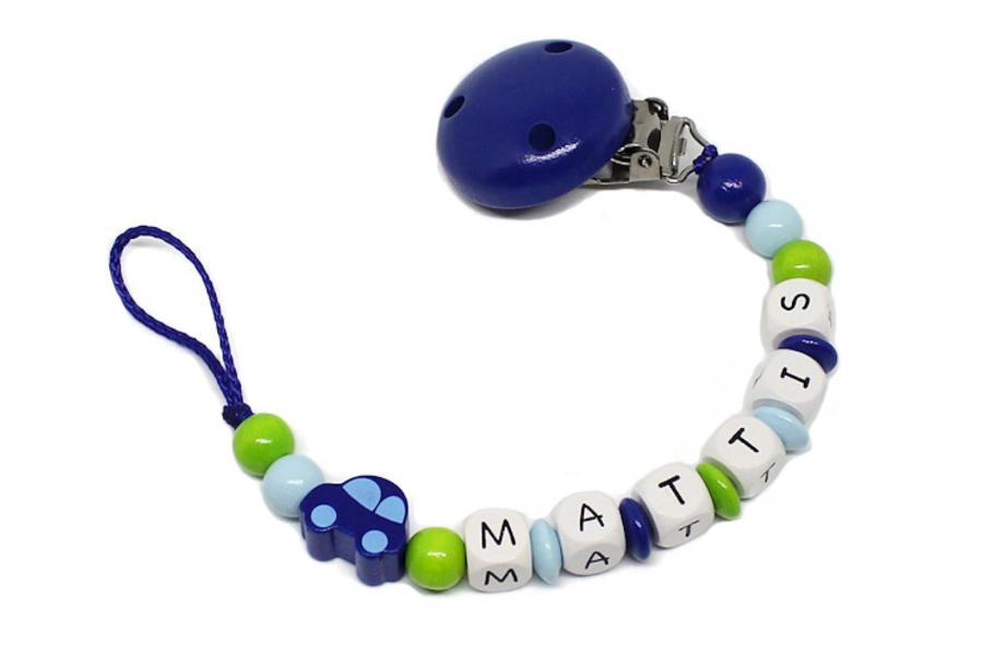 Schnullerkette mit Namen Auto blau/grün