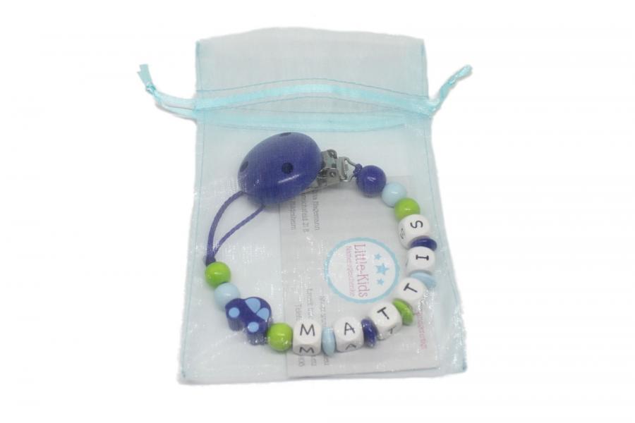 Schnullerkette mit Namen Verpackung Auto blau