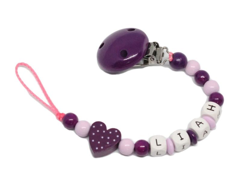 Schnullerkette mit Namen Tupfenherz violett + rosa