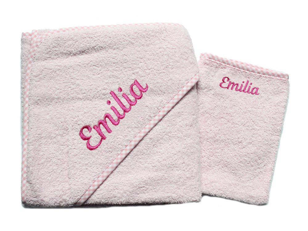 Kapuzenhandtuch + Waschhandschuh mit Namen bestickt rosa
