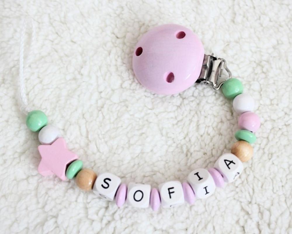Schnullerkette mit Namen Stern rosa/mint