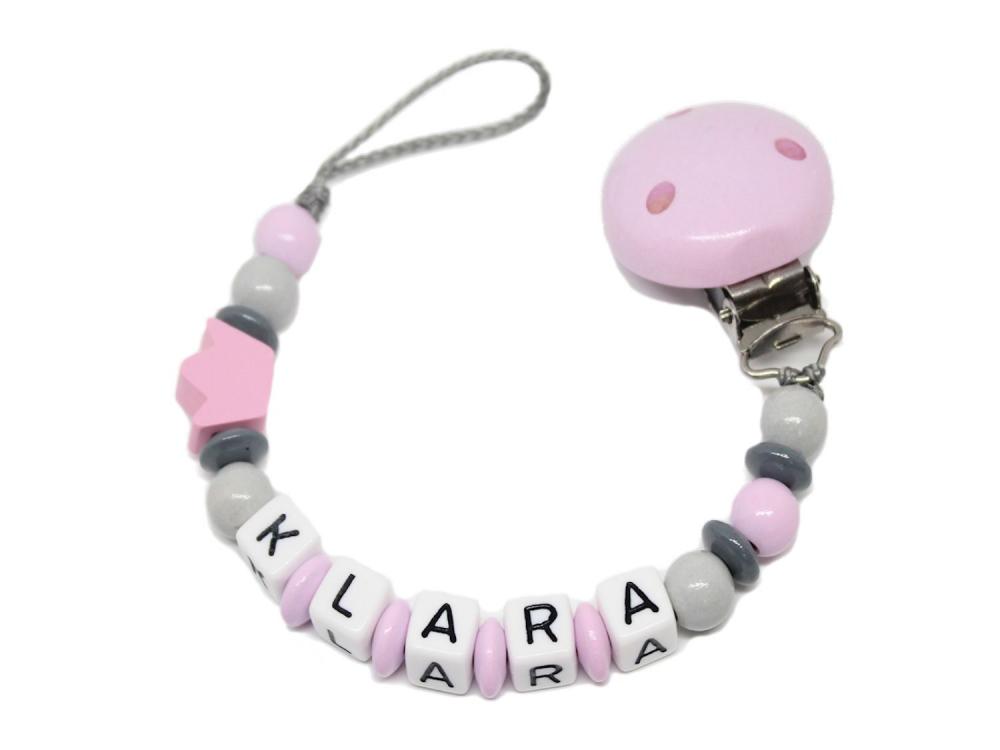 Schnullerkette mit Namen Krone rosa/grau