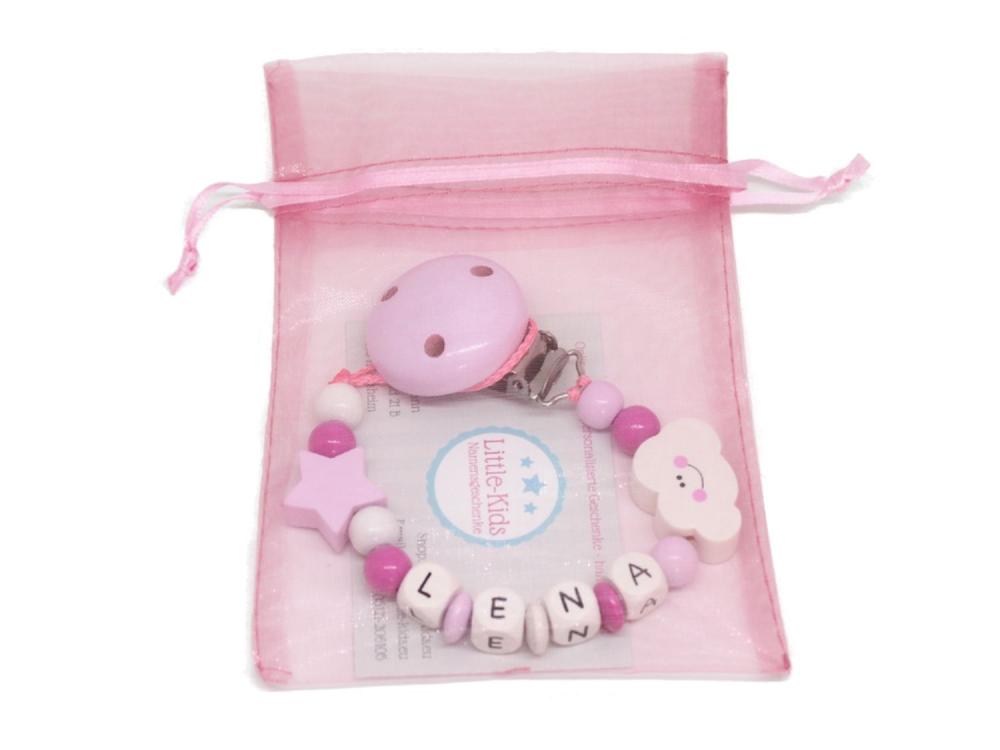 Schnullerkette mit Namen rosa Verpackung