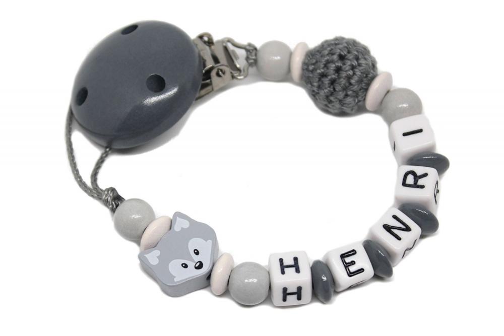 Schnullerkette mit Namen Fuchs+Häkelperle grau