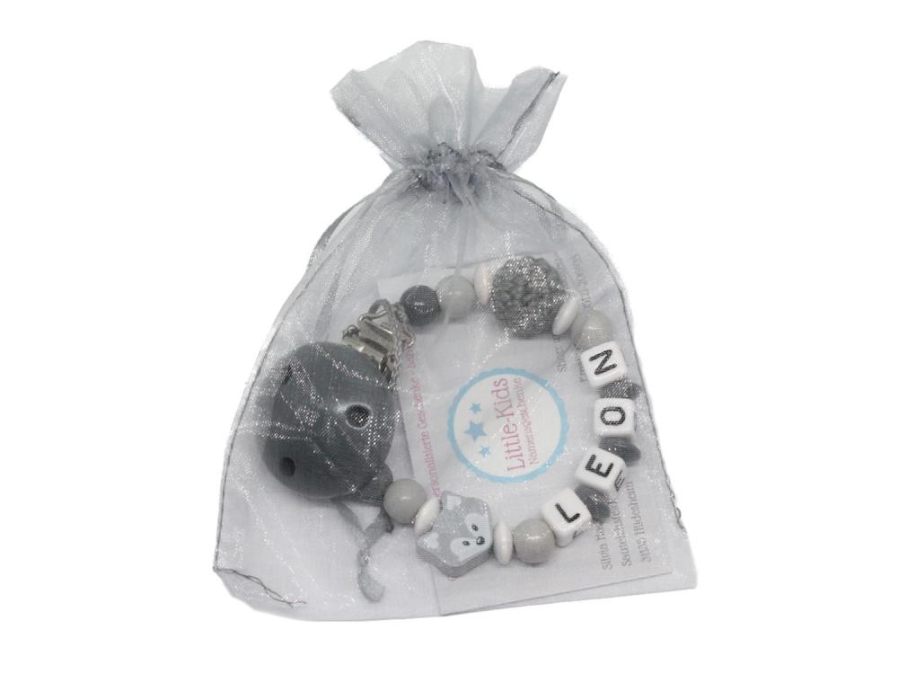 Schnullerkette mit Namen grau Verpackung