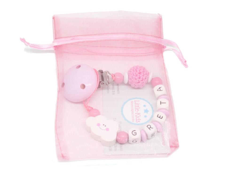 Schnullerkette mit Namen Wolke + Häkelperle rosa
