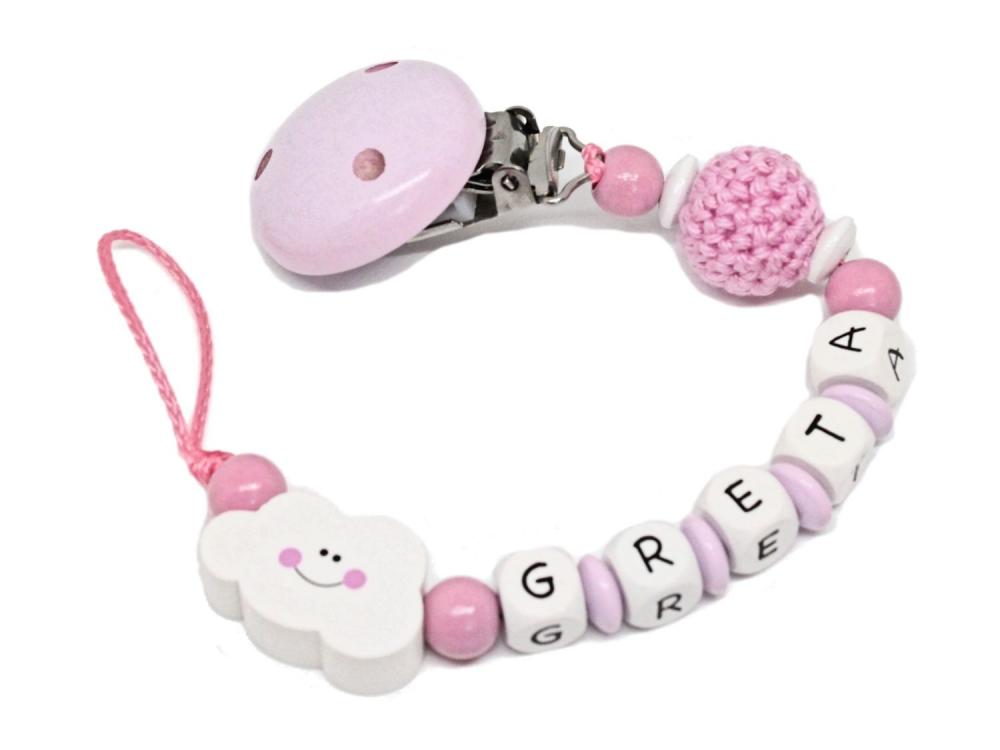 Schnullerkette mit Namen Wolke + Häkelperle rosa