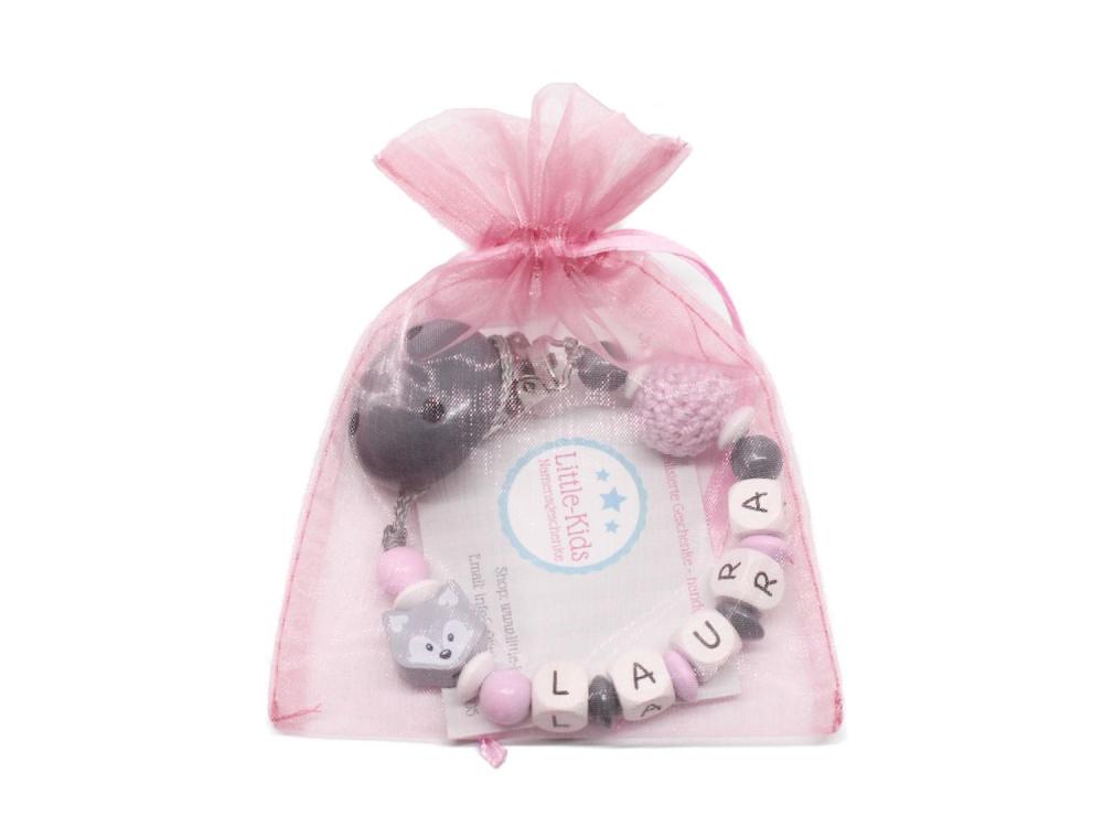 Schnullerkette mit Namen Fuchs + Häkelperle grau/rosa