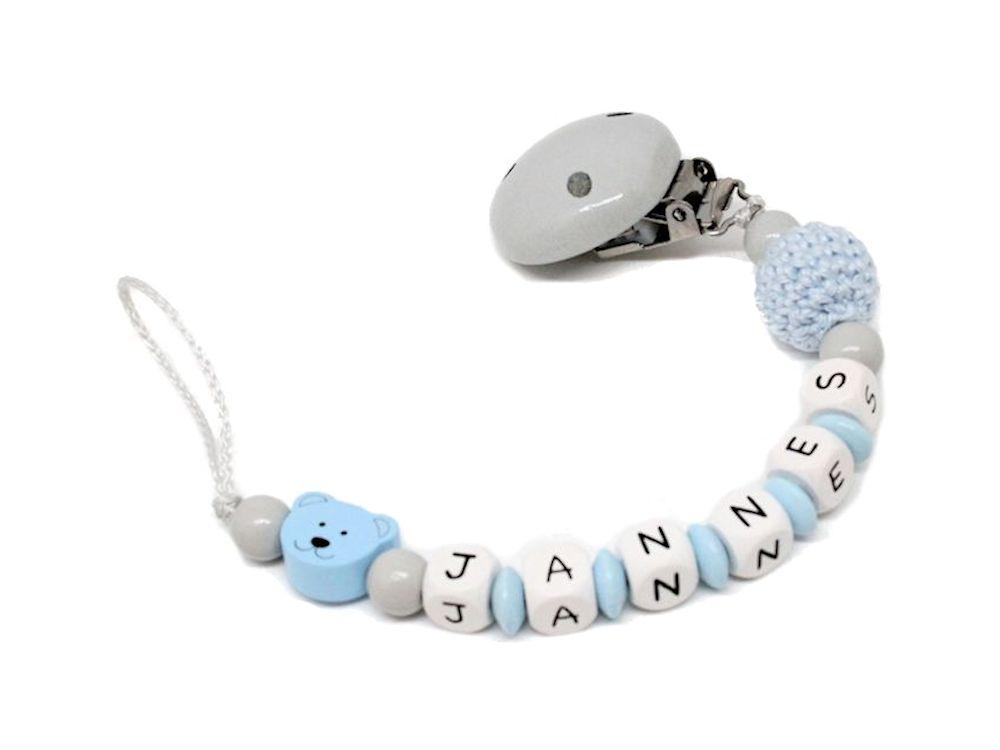 Schnullerkette mit Namen Bär + Häkelperle hellblau/grau