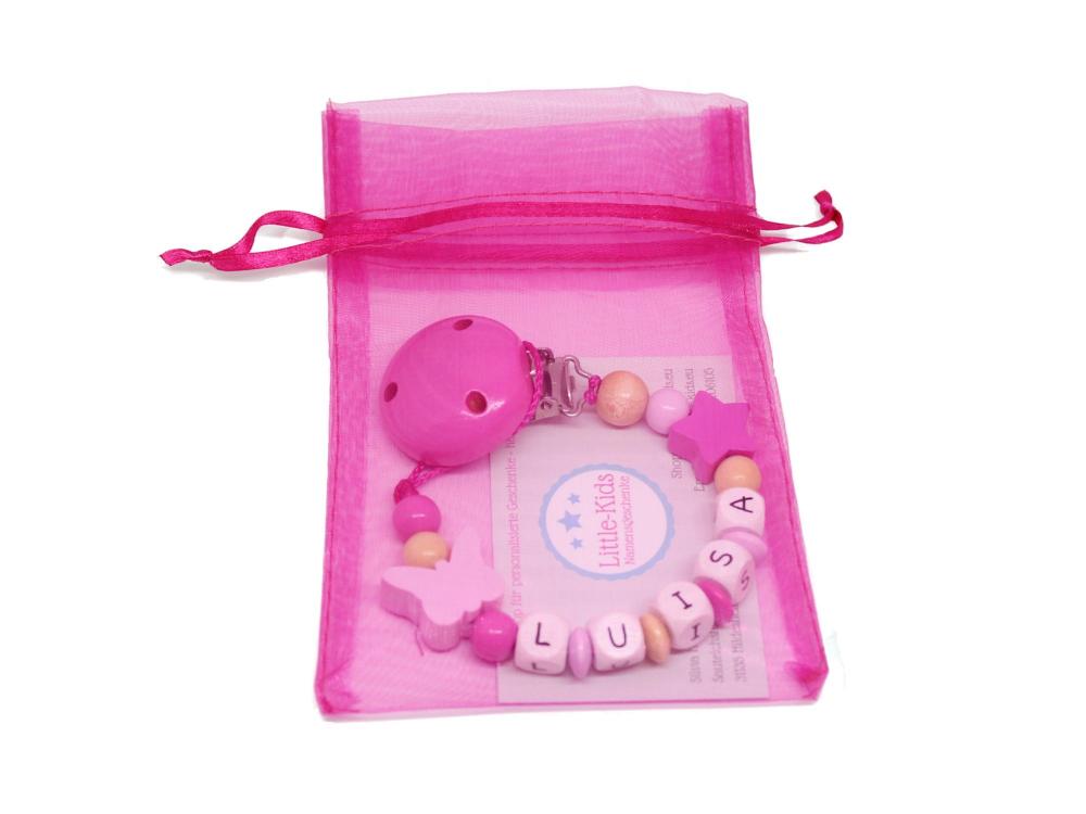 Schnullerkette mit Namen Schmetterling + Stern rosa/pink Verpackung