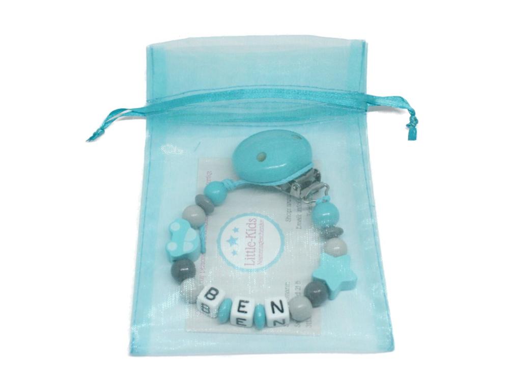 Schnullerkette mit Namen Auto + Stern türkis Verpackung