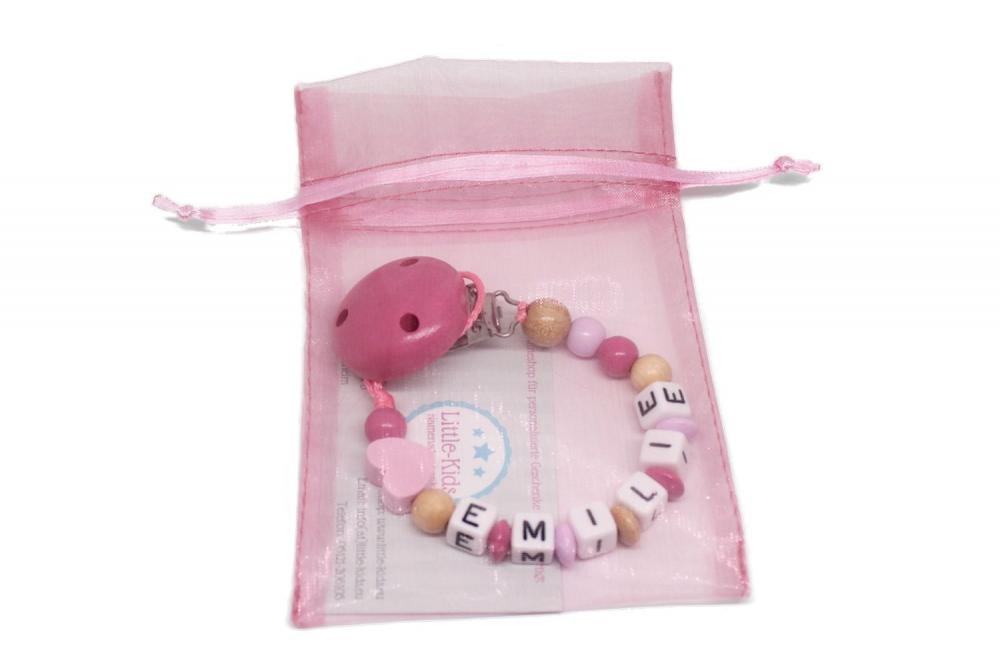 Schnullerkette mit Namen Herz rosa natur Verpackung