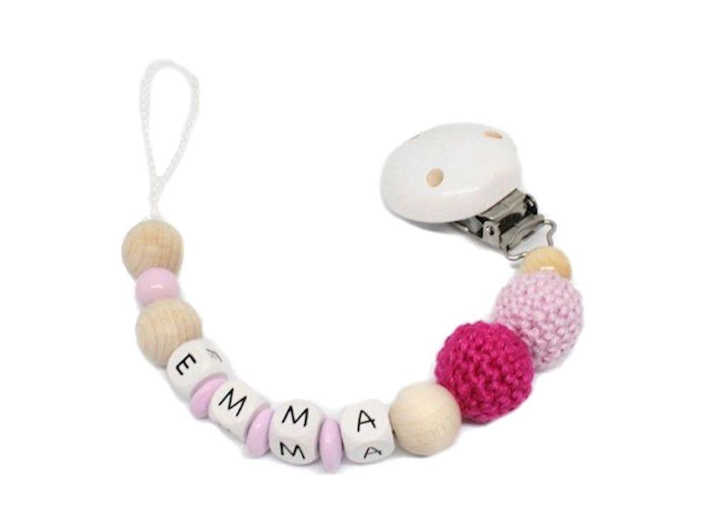 Schnullerkette mit Namen Häkelperlen rosa
