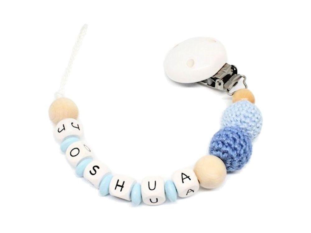 Schnullerkette mit Namen Häkelperlen blau