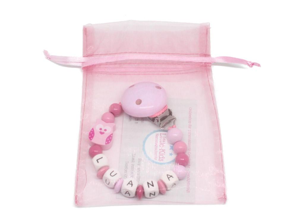 Schnullerkette mit Namen Eule rosa Verpackung
