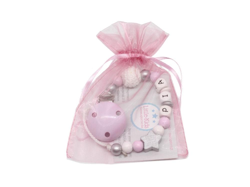 Schnullerkette mit Namen Stern + Häkelperle rosa/silber