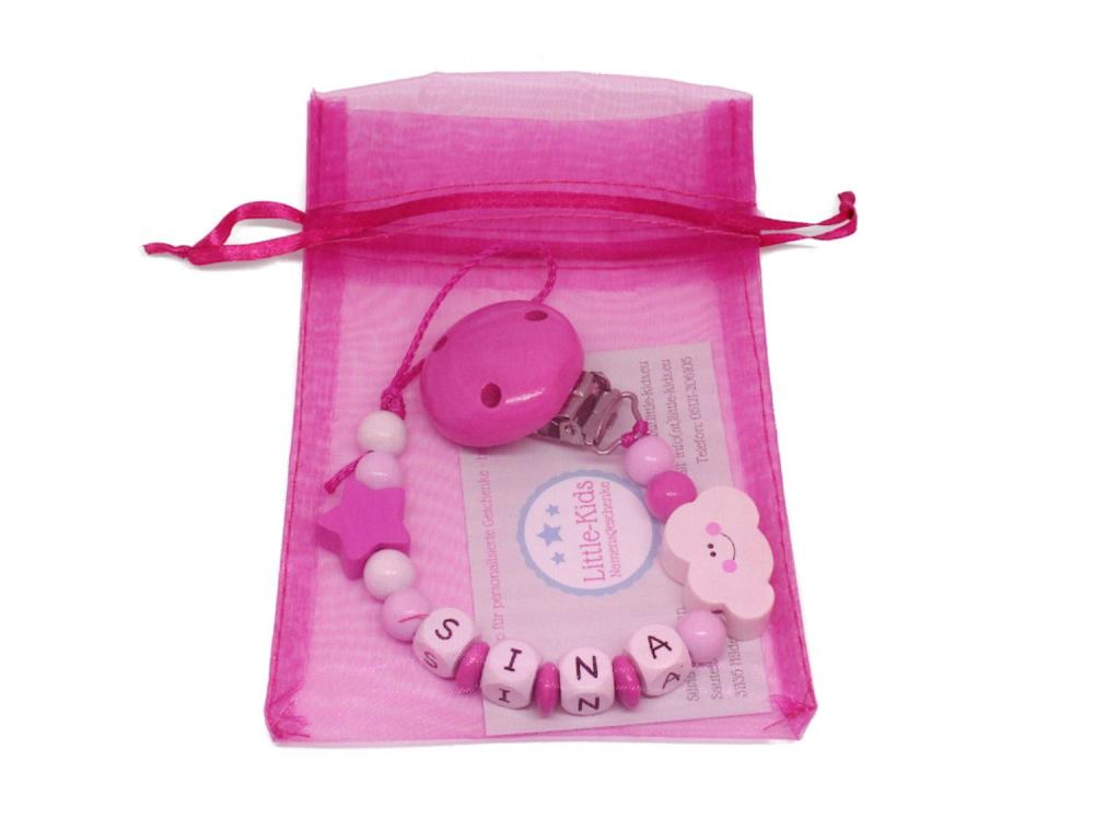 Schnullerkette mit Namen Wolke + Stern pink