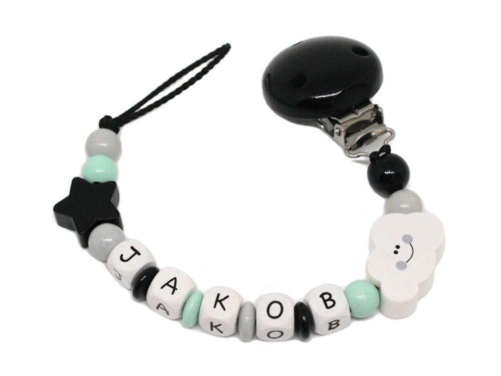 Schnullerkette mit Namen Wolke+Stern schwarz-grau-mint