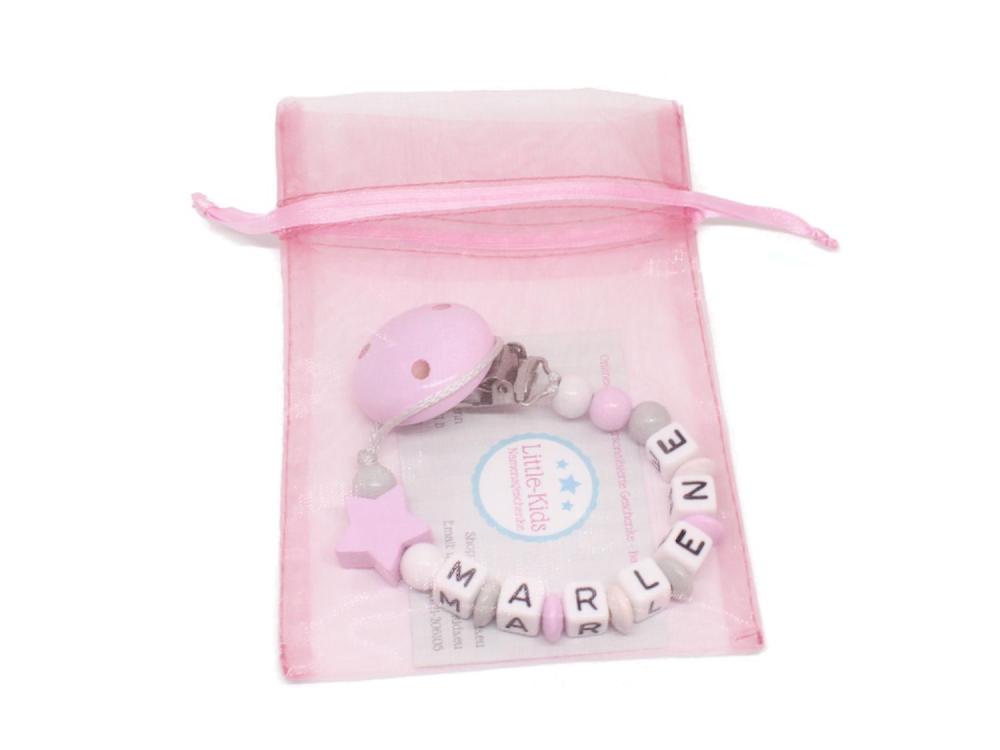 Schnullerkette mit Namen Stern rosa/grau