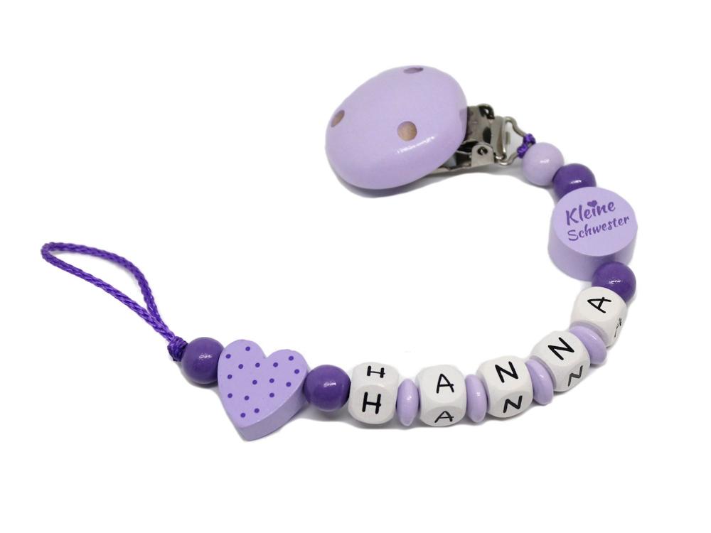 Schnullerkette mit Namen Herz + kleine Schwester flieder