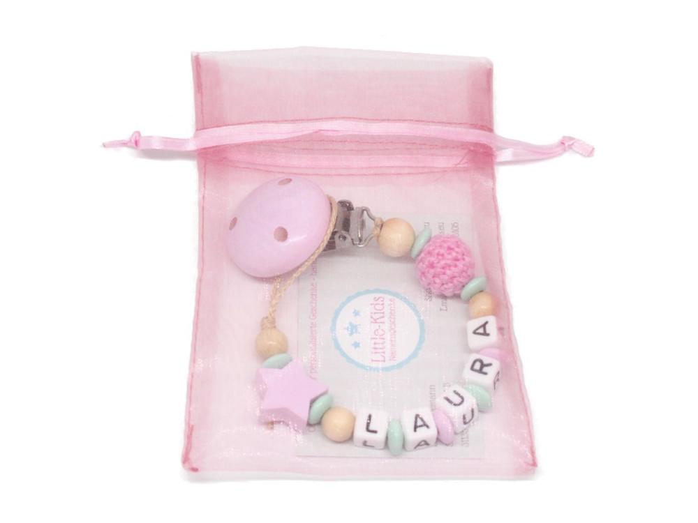 Schnullerkette mit Namen Stern + Häkelperle rosa/mint/natur