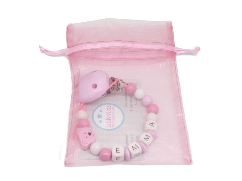 Schnullerkette mit Namen Bär rosa Verpackung