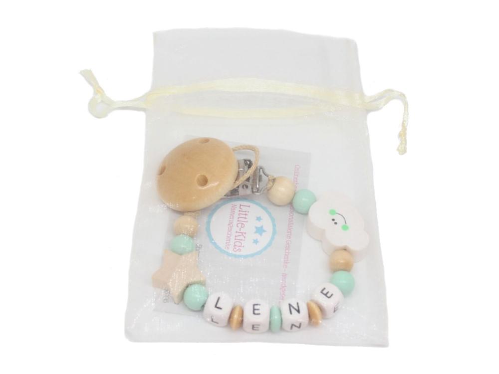 Schnullerkette mit Namen Wolke + Stern natur/mint Verpackung