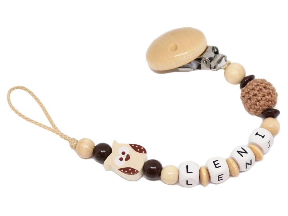 Schnullerkette mit Namen Eule + Häkelperle natur/braun