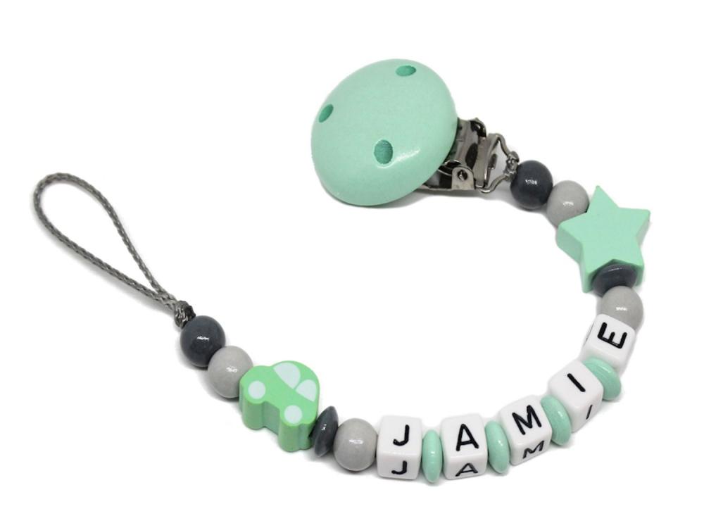 Schnullerkette mit Namen Auto + Stern mint/grau