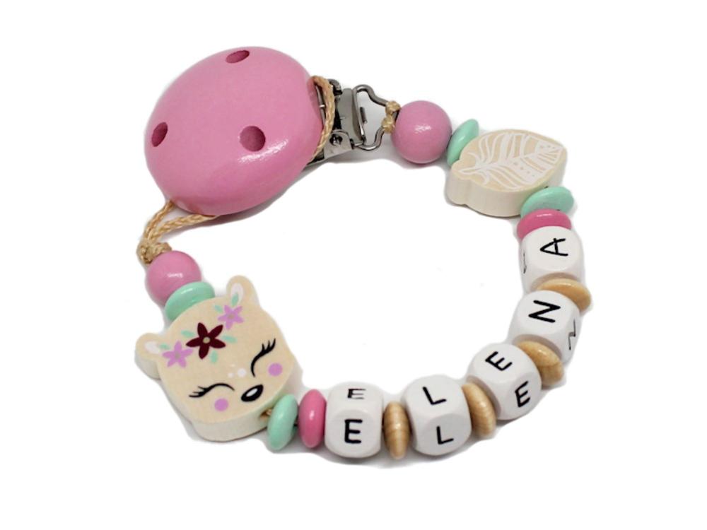 Schnullerkette mit Namen Reh + Feder dunkelrosa